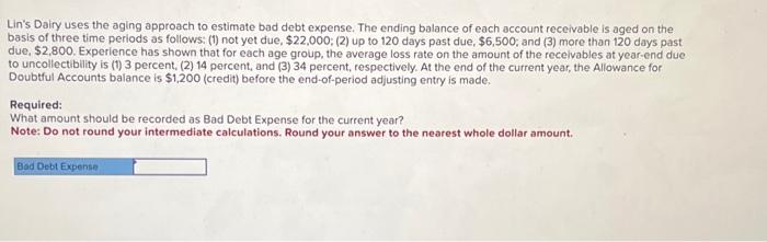 Solved Lin S Dairy Uses The Aging Approach To Estimate Bad Chegg