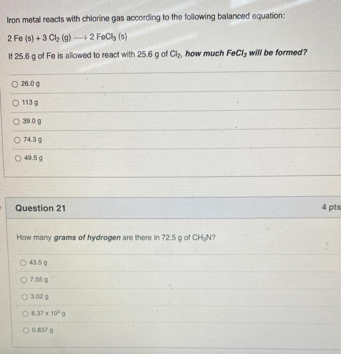 Solved Iron Metal Reacts With Chlorine Gas According To The Chegg