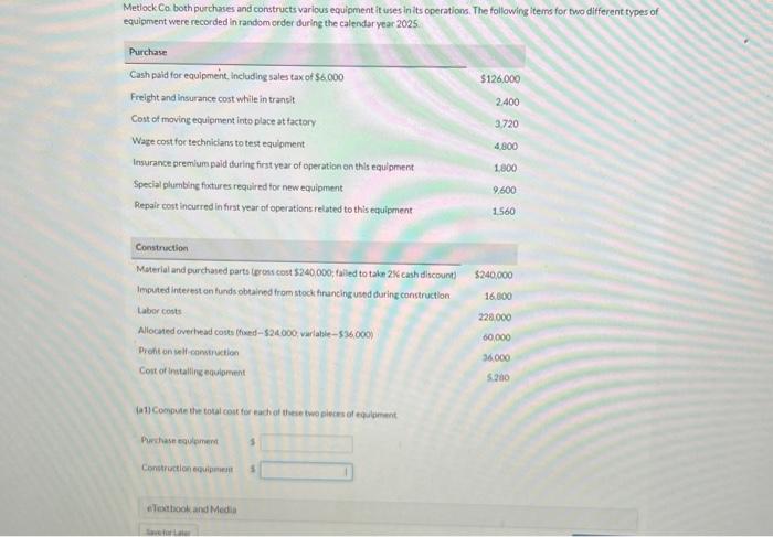 Solved Metlock Co Both Purchases And Constructs Various Chegg