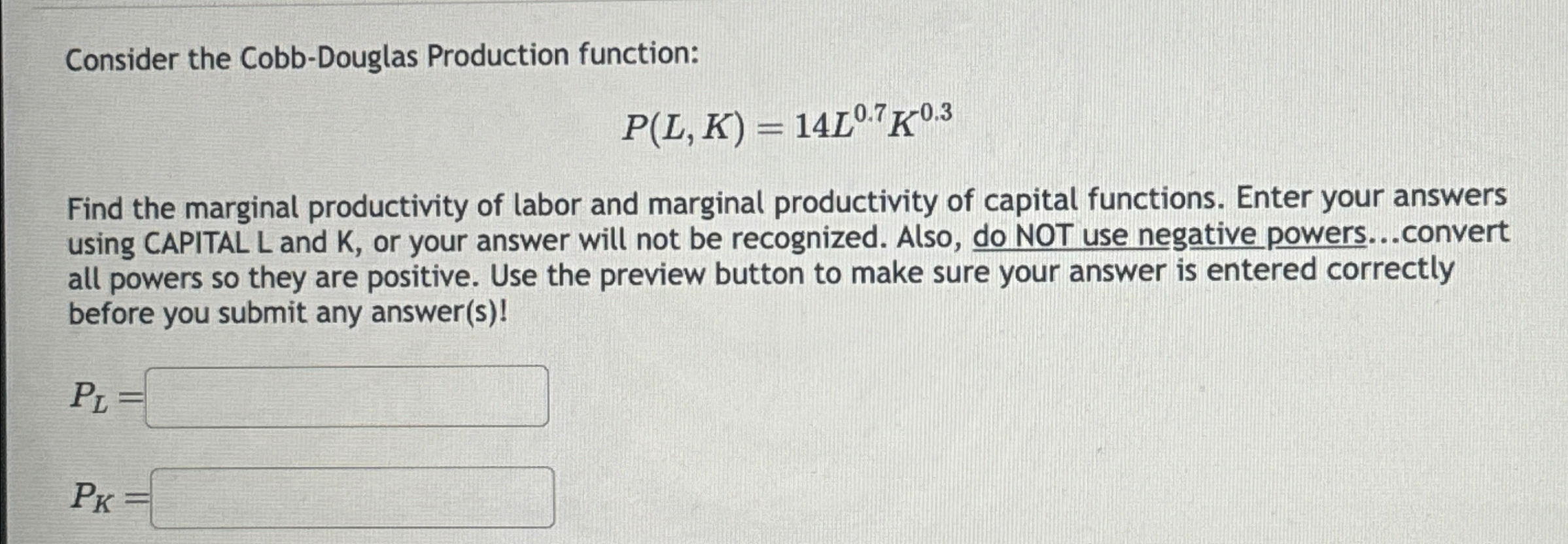 Solved Consider The Cobb Douglas Production Chegg