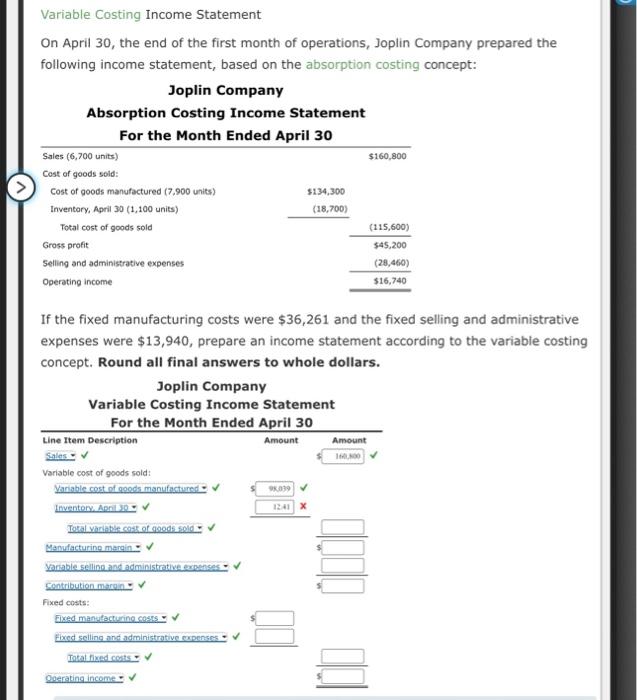 Solved Variable Costing Income Statement On April The Chegg