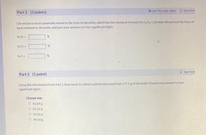 Solved Part 1 3 Points I See Periodic Table See Hint Chegg