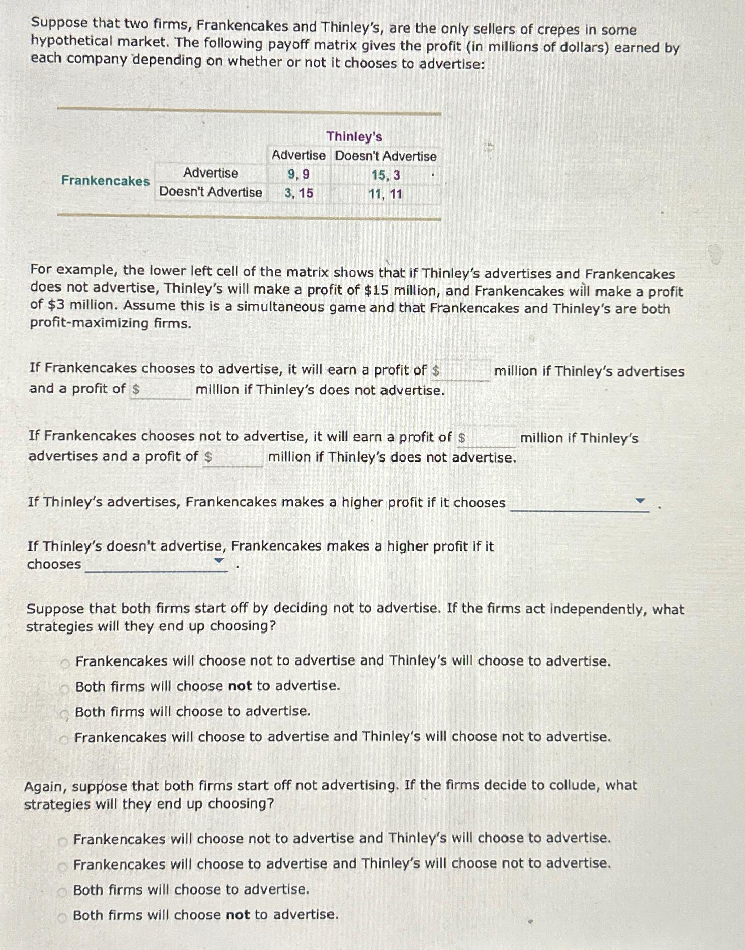 Solved Suppose That Two Firms Frankencakes And Thinley S Chegg