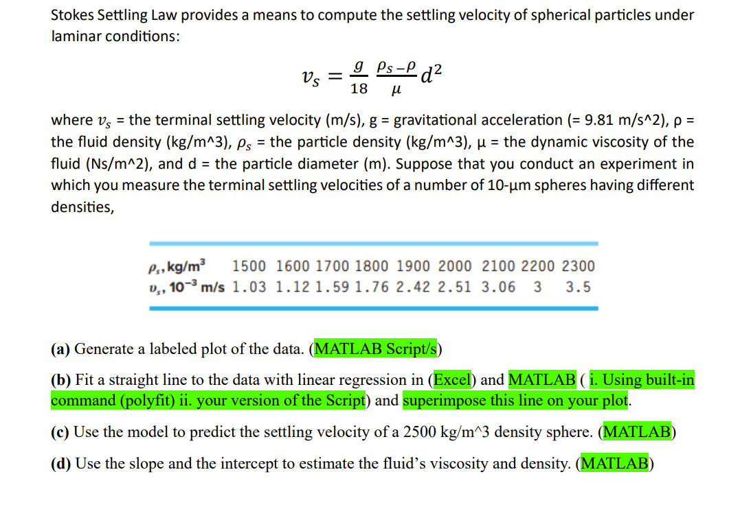 Solved Stokes Settling Law Provides A Means To Compute The Chegg