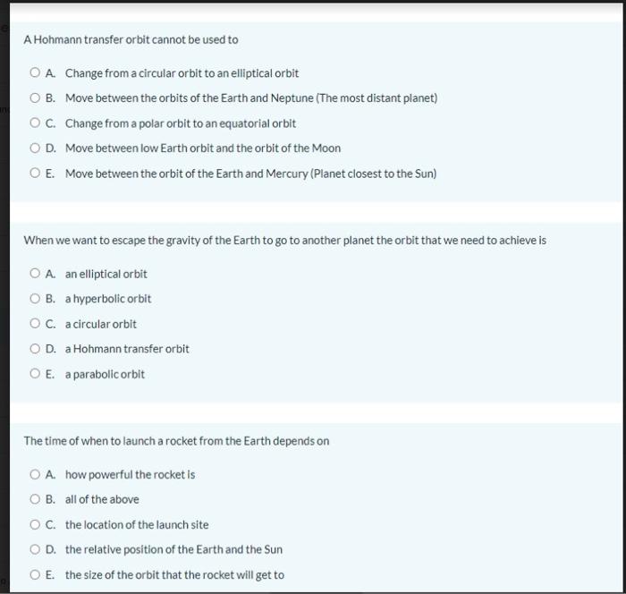 Solved A Hohmann Transfer Or Bit Cannot Be Used To A Change Chegg