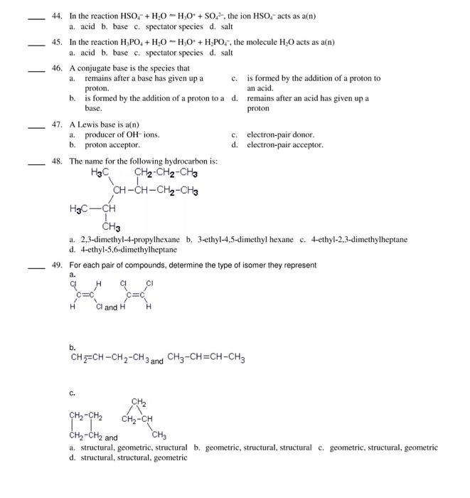 Solved 44 In The Reaction HSO H20 10 SO The Ion Chegg