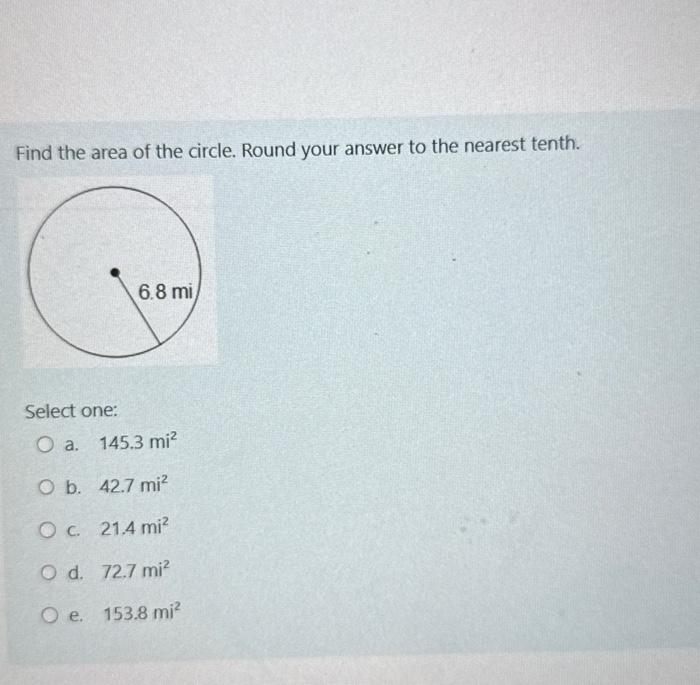 Solved Find The Area Of The Circle Round Your Answer To The Chegg