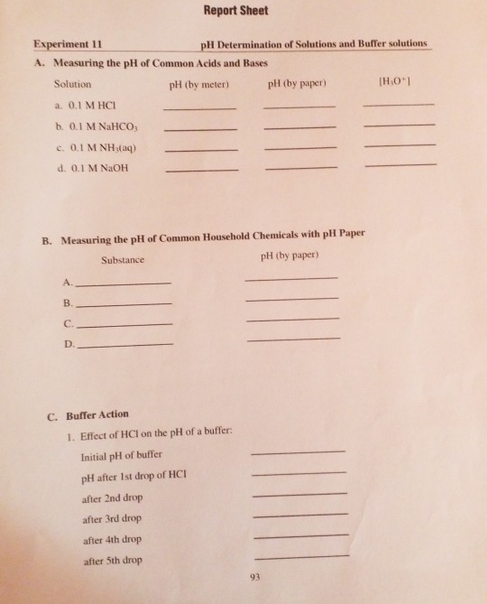 Report Sheet Experiment 11 PH Determination Of Chegg