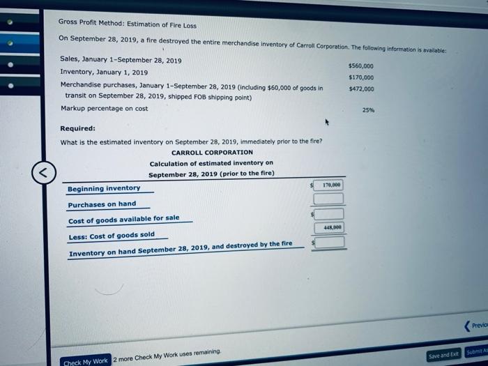 Solved Gross Profit Method Estimation Of Fire Loss On Chegg