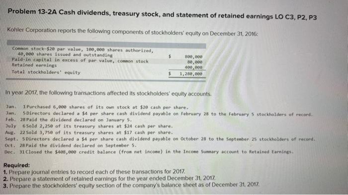 Solved Problem 13 2A Cash Dividends Treasury Stock And Chegg