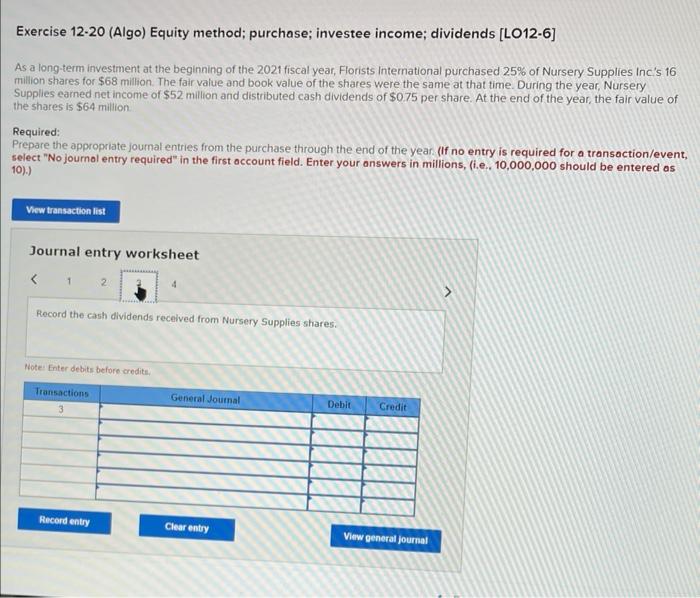 Solved Exercise Algo Equity Method Purchase Chegg