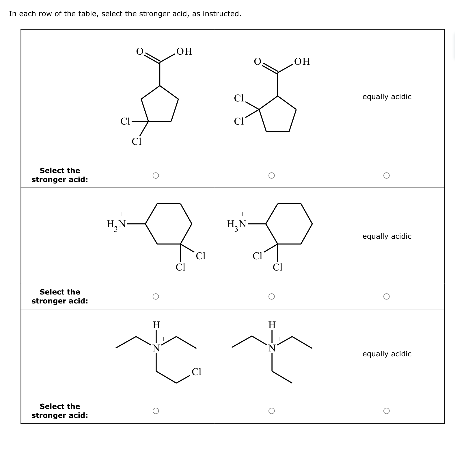 Solved In Each Row Of The Table Select The Stronger Acid Chegg