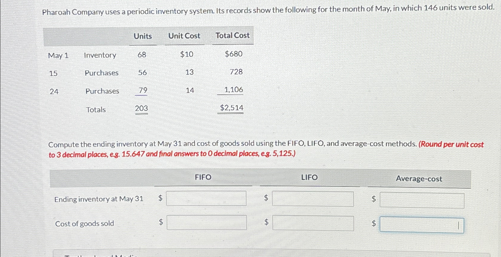 Solved Pharoah Company Uses A Periodic Inventory System Its Chegg