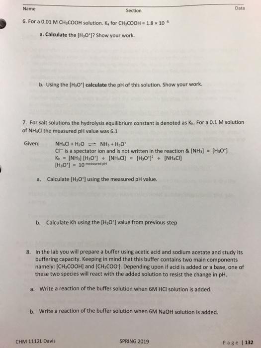 Solved Name Date Section For A M Chcooh Solution K Chegg