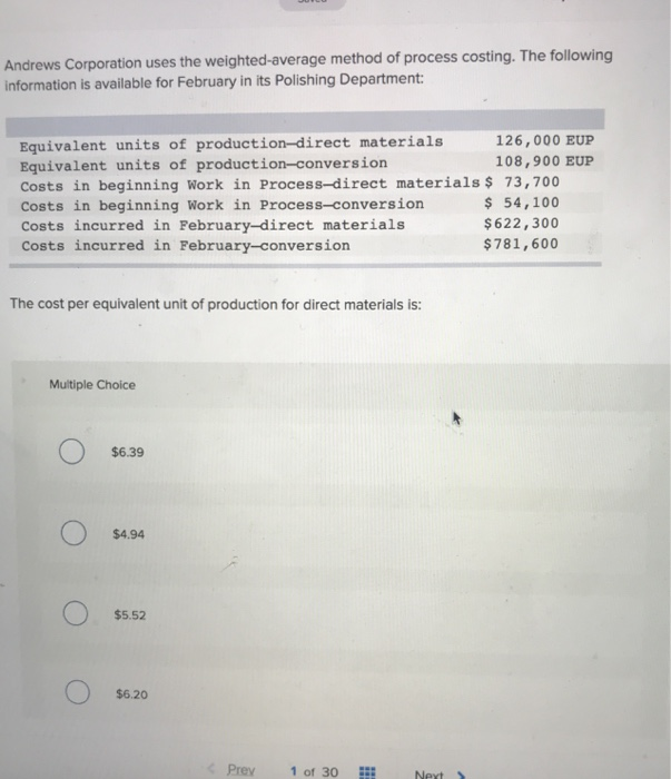 Solved Andrews Corporation Uses The Weighted Average Method Chegg