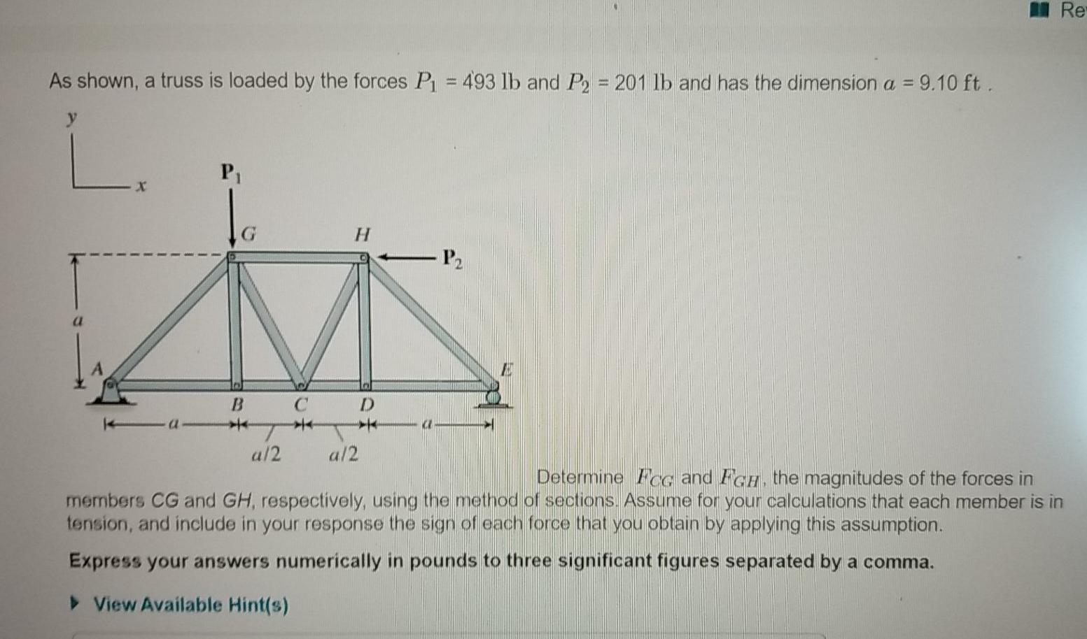 Solved As Shown A Truss Is Loaded By The Force P1 493 Lb Chegg