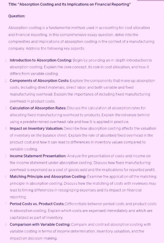 Solved Title Absorption Costing And Its Implications On Chegg