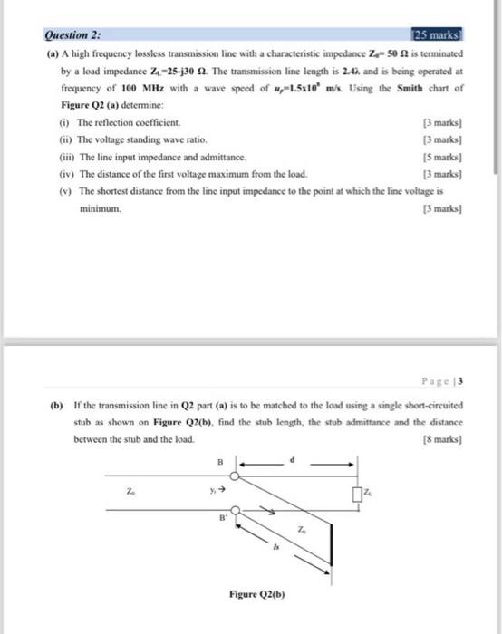 Solved A A High Frequency Lossless Transmission Line With Chegg