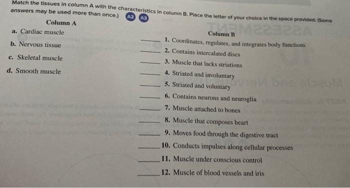 Solved Match The Tissues In Column A With The Characteri