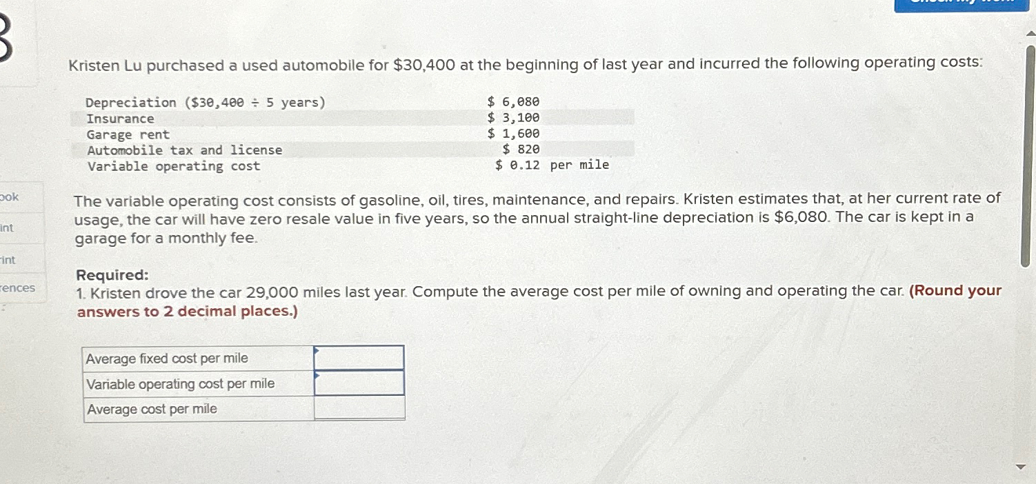 Solved Kristen Lu Purchased A Used Automobile For 30 400 Chegg