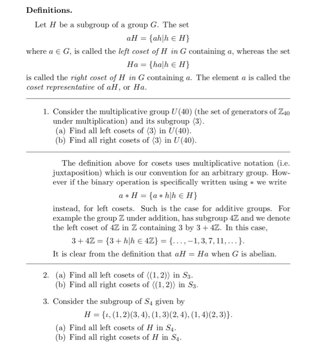 Solved Definitions Let H Be A Subgroup Of A Group G The Chegg