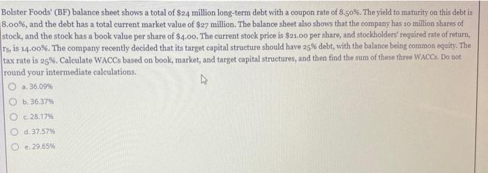 Solved Bolster Foods Bf Balance Sheet Shows A Total Of Chegg