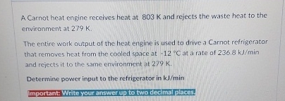 Solved A Carnot Heat Engine Receives Heat At 803 K And Chegg