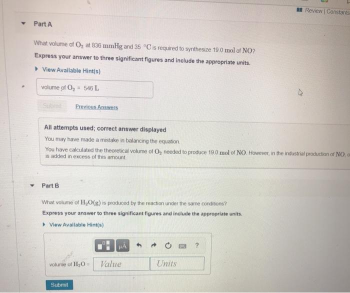Solved A Review Constants Part A What Volume Of O At 836 Chegg