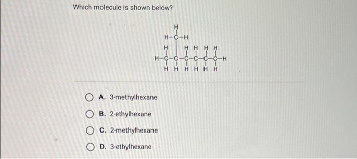 Solved Which Molecule Is Shown Below A 3 Methylhexane B Chegg