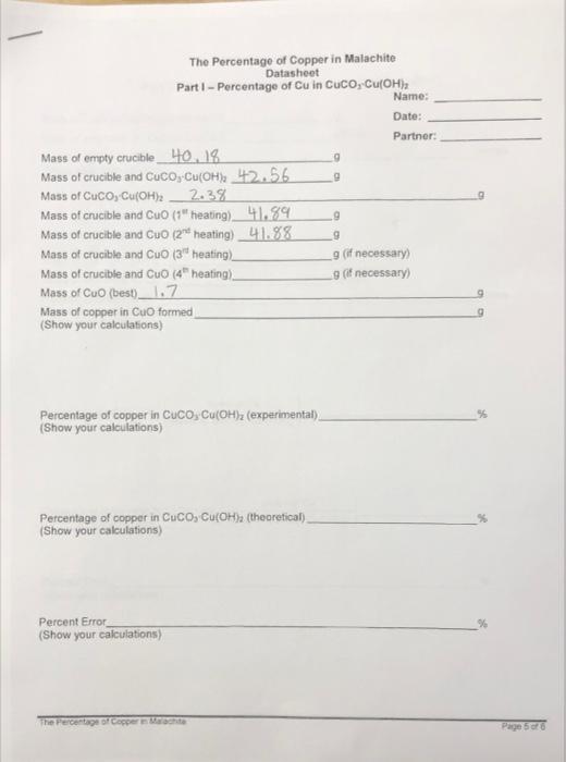 The Percentage Of Copper In Malachite Datasheet Part Chegg