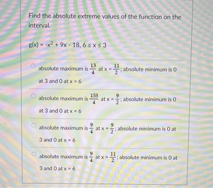 Solved Find The Absolute Extreme Values Of The Function On Chegg