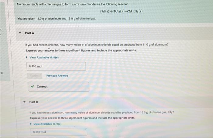 Solved Aluminum Reacts With Chlorine Gas To Form Aluminum Chegg