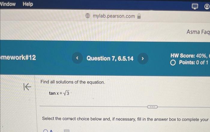 Solved Find All Solutions Of The Equation Tanx Select The Chegg