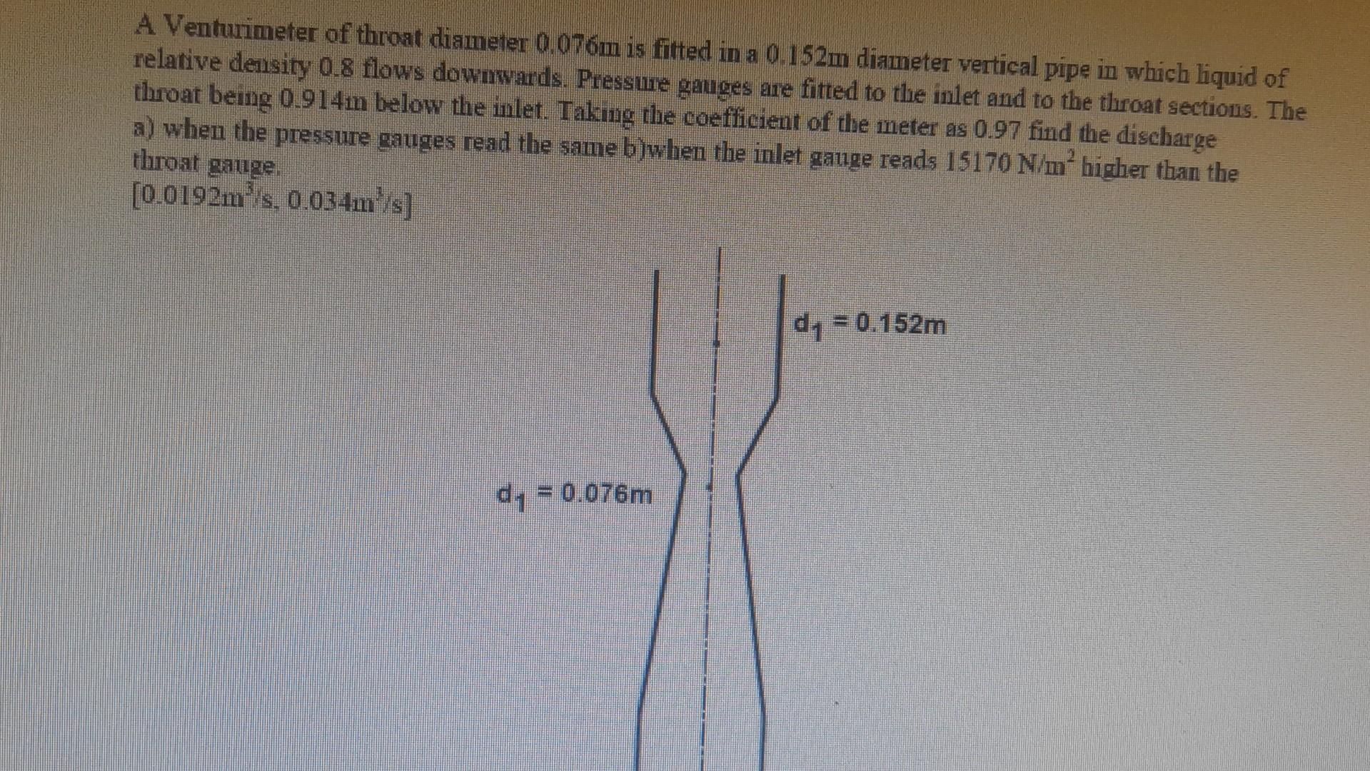 Solved A Venturimeter Of Throat Diameter M Is Fitted Chegg