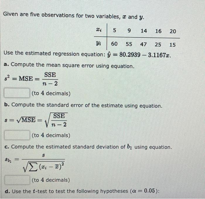 Solved Given Are Five Observations For Two Variables X And Chegg