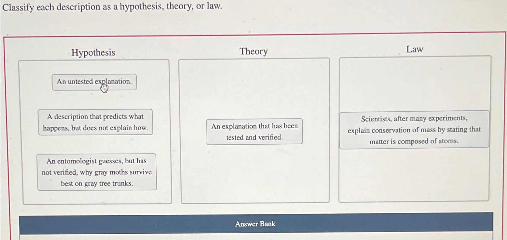 Solved Classify Each Description As A Hypothesis Theory Or Chegg