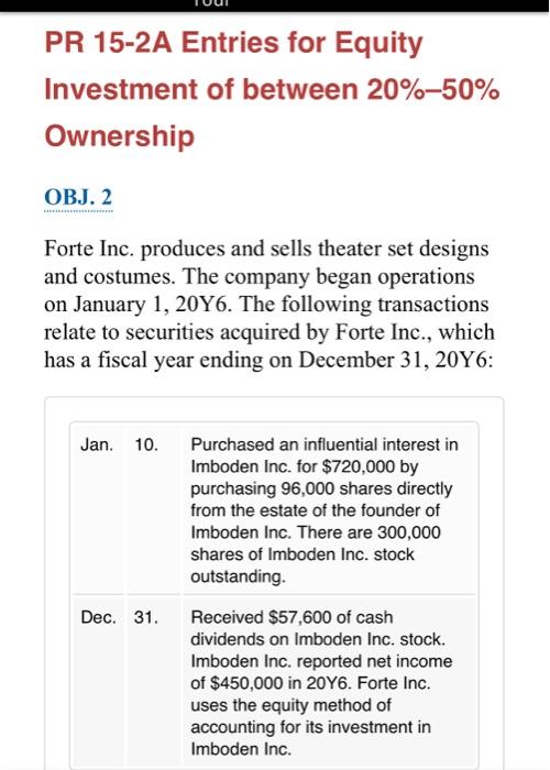 Solved PR 15 2A Entries For Equity Investment Of Between Chegg