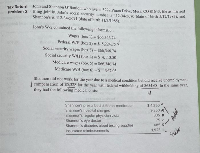 Solved Tax Return John And Shannon O Banion Who Live At Chegg