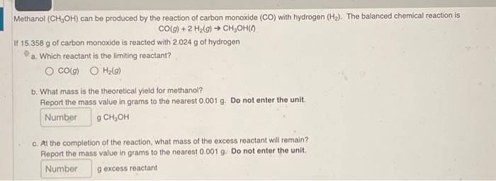 Solved Methanol CH3OH Can Be Produced By The Reaction Of Chegg