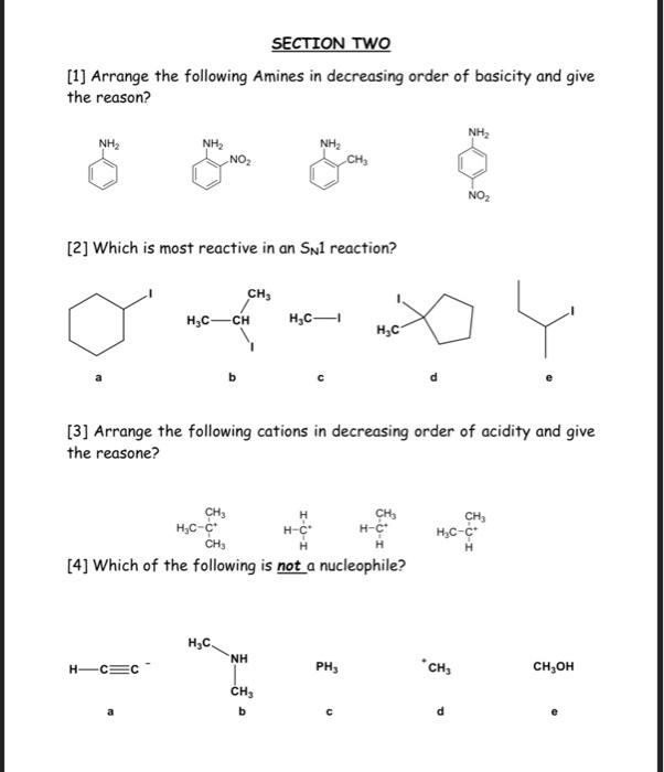 Solved Section Two Arrange The Following Amines In Chegg