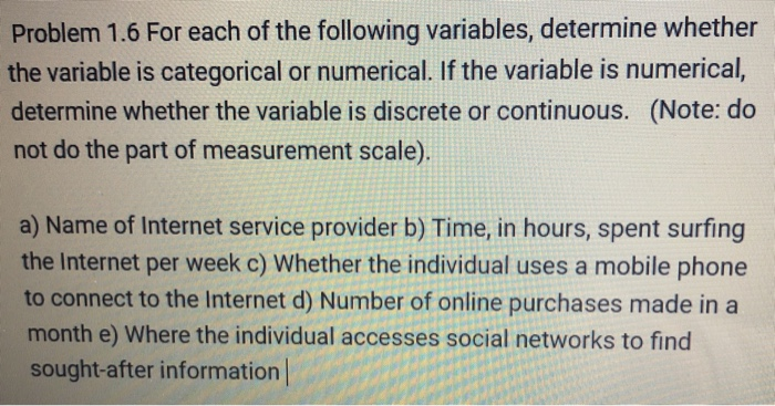 Solved Problem 1 6 For Each Of The Following Variables Chegg