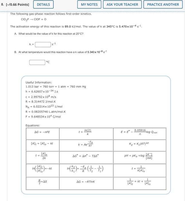 Solved The Following Gas Phase Reaction Follows First Order Chegg