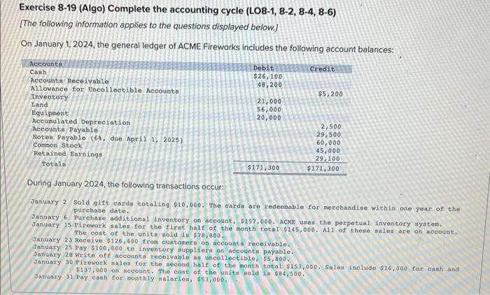 Solved Exercise 8 19 Algo Complete The Accounting Cycle Chegg