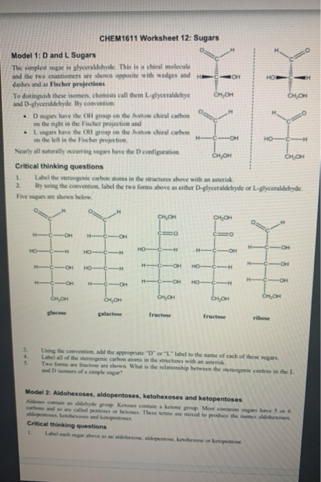 Solved CHEM1611 Worksheet 12 Sugars Model 1 D And L Sugars Chegg