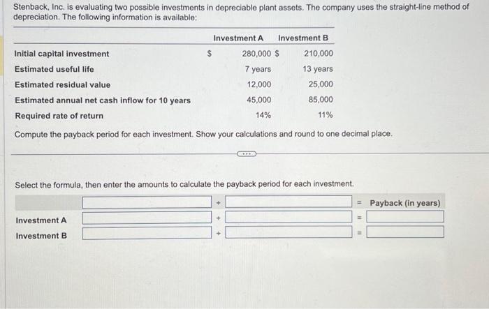 Solved Stenback Inc Is Evaluating Two Possible Investments Chegg