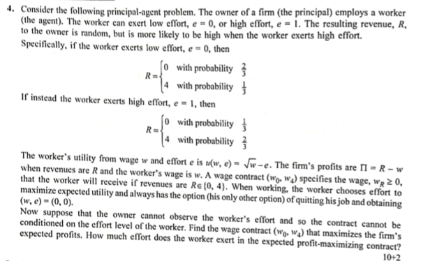 Consider The Following Prineipal Agent Problem The Chegg