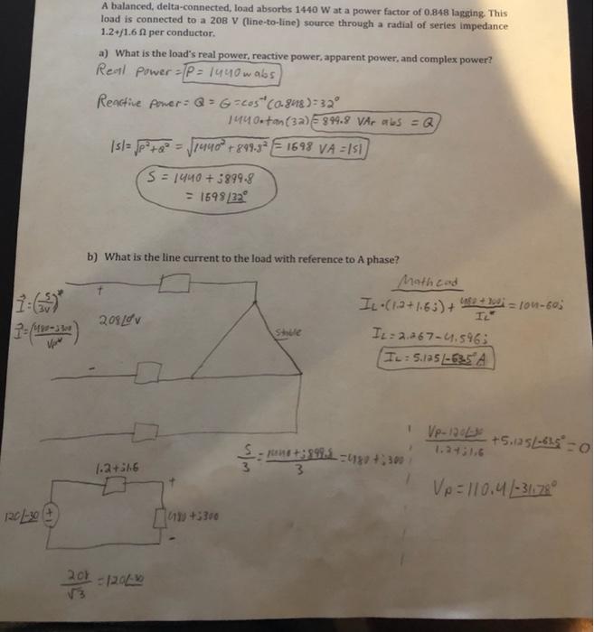 A Balanced Delta Connected Load Absorbs 1440 W At A Chegg