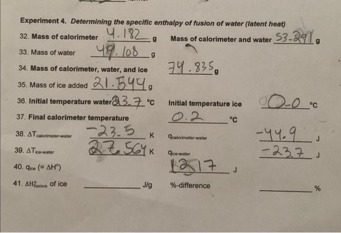 Solved Experiment Determining The Specific Enthalpy Of Chegg