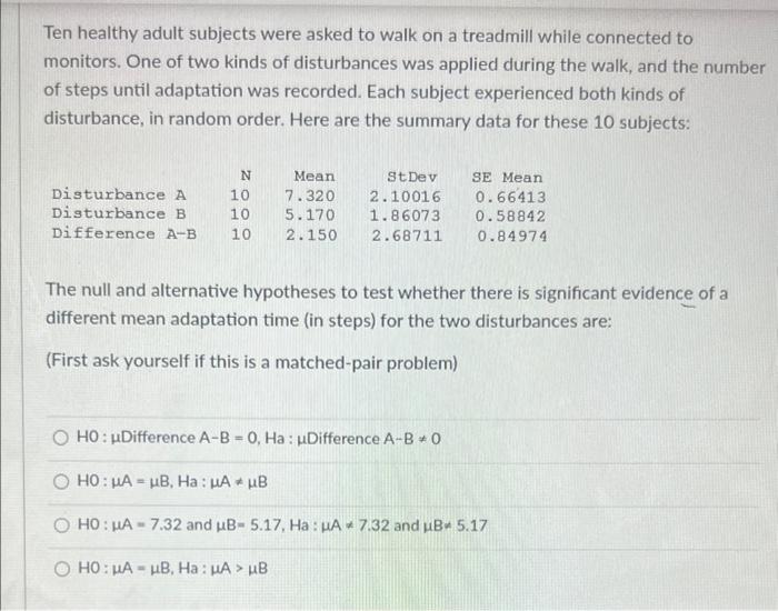 Solved Ten Healthy Adult Subjects Were Asked To Walk On A Chegg