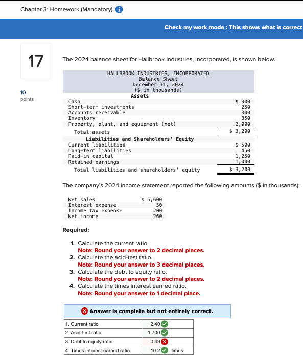 Solved The Balance Sheet For Hallbrook Industries Chegg